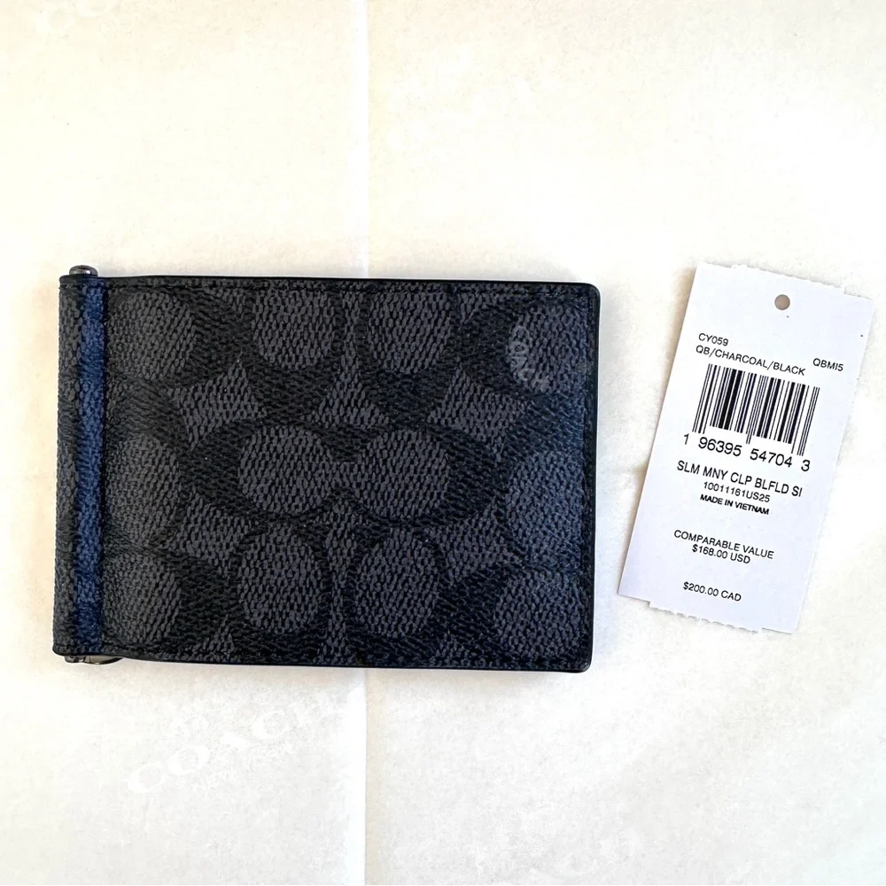 COACH SLIM MONEY CLIP BILLFOLD WALLET BLACK/GRAY SIGNATURE CANVAS NEW GIFT WRAP